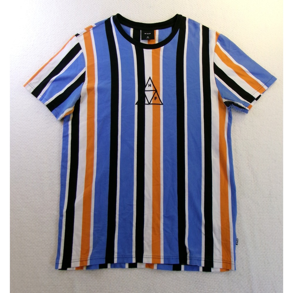 HUF Mens Vertical Stripe T-Shirt Blue Orange Black Triple Triangle Logo Size M